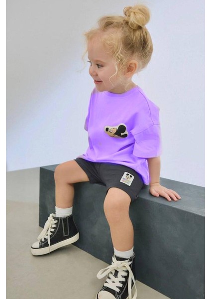 Kız Çocuk Baskılı Bisiklet Yaka Pamuklu Tshirt ve Kısa Tayt fiyatları