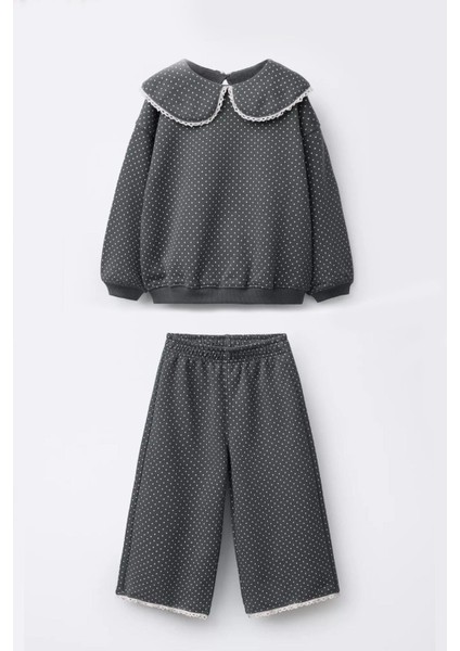 Kız Çocuk Puantiye Baskılı Bebe Yaka 3 Iplik Pamuklu Kumaş Alt Üst Takım