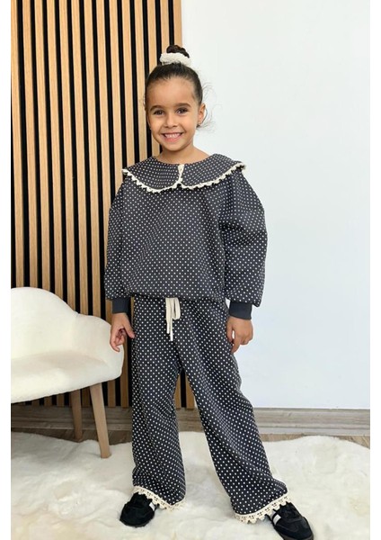 Kız Çocuk Puantiye Baskılı Bebe Yaka 3 Iplik Pamuklu Kumaş Alt Üst Takım fiyatları
