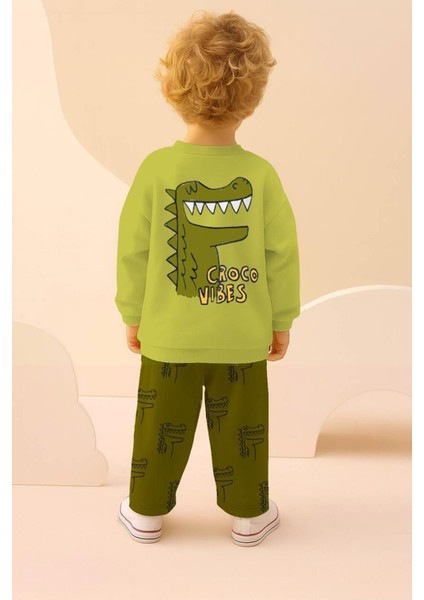 Erkek Çocuk Timsah Baskılı 3 Iplik Pamuklu Kumaş Alt Üst Takım