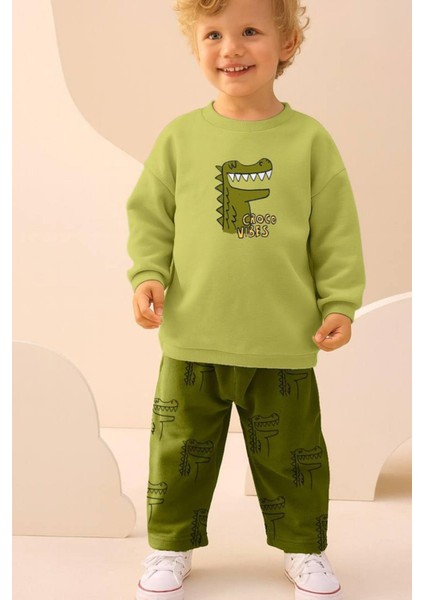 Erkek Çocuk Timsah Baskılı 3 Iplik Pamuklu Kumaş Alt Üst Takım fiyatları