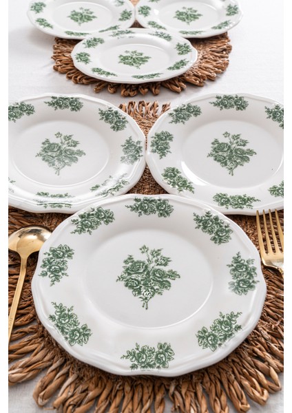 Vintage Flowers Green 19 cm 6’lı Porselen Tatlı & Pasta Tabağı Seti modelleri