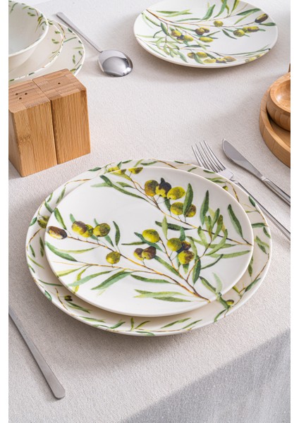 Olive 20 cm Tatlı & Pasta Tabağı 6’lı Set – Zeytin Dalı Desenli Porselen