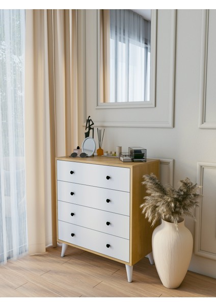 Şifonyer Marbella Parlak Beyaz-Kahverengi 4 Çekmeceli Country Şifonyer Komodin Ahşap