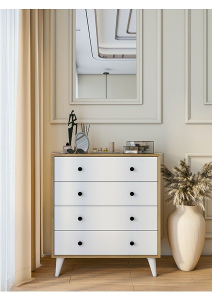 Şifonyer Marbella Parlak Beyaz-Kahverengi 4 Çekmeceli Country Şifonyer Komodin Ahşap fiyatları