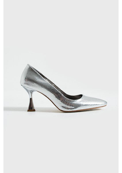 Gümüş Yılan Derisi Desenli Ince Topuklu Stiletto Şık Rahat Vegan Deri Kadın Topuklu Ayakkabı indirimleri