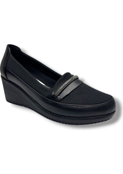 1431-26 Anatomik Cilt Deri Dolgu Topuklu Taşlı Kadın Ayakkabı