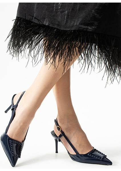 Parlak Lacivert Stiletto |vegan Deri,7cm Topuklu, Bilekten Bantlı,tokalı Sivri Burun Şık Topuklu fiyatları