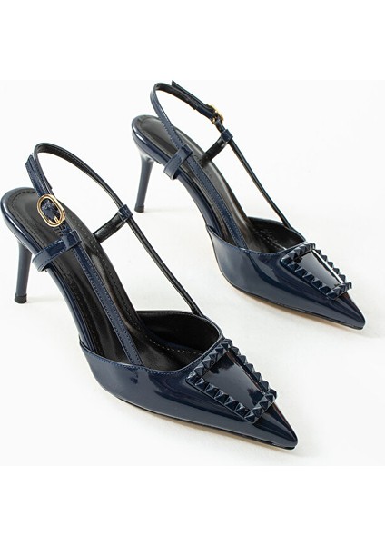 Parlak Lacivert Stiletto |vegan Deri,7cm Topuklu, Bilekten Bantlı,tokalı Sivri Burun Şık Topuklu fırsatları