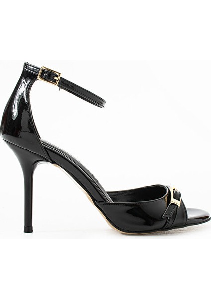 Kadın Yazlık Topuklu Sandalet Siyah Rugan 9 cm Hafızalı Pedli Vegan Deri Rahat Şık Tokalı indirimleri