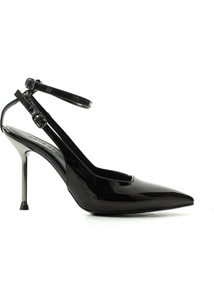Siyah Rugan Stiletto Kadın Ayakkabı, Altın Topuklu, Bilekten Bağlı Tokalı, Sivri Burun, Şık Stiletto indirimleri