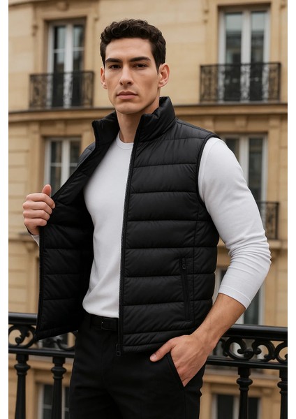 Erkek Kışlık Cepli Trend Fermuarlı Siyah Şişme Yelek