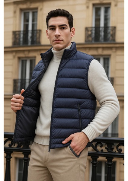 Erkek Kışlık Cepli Trend Fermuarlı Füme Şişme Yelek