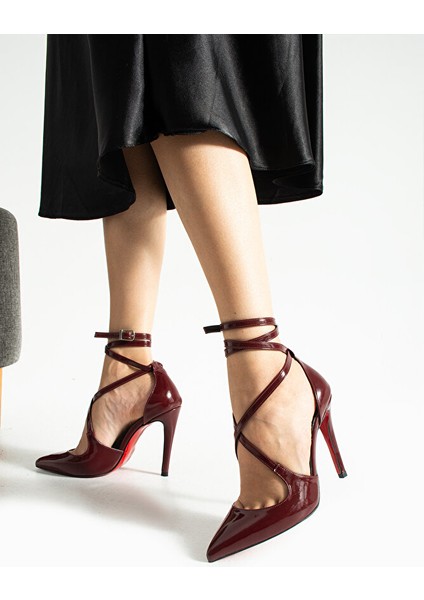 Bordo Rugan Bilekten Bağlamalı Sivri Burun Yüksek Ince Topuklu Kadın Stiletto Ayakkabı fırsatları