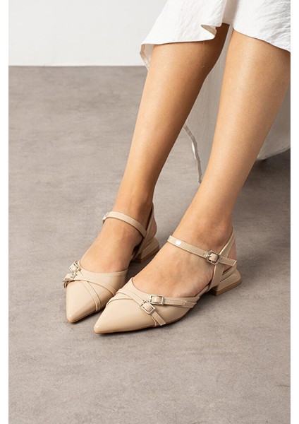 Bej Rugan Bilekten Bağlamalı Çift Tokalı Sivri Burun Düşük Topuk Kadın Ayakkabı fiyatları