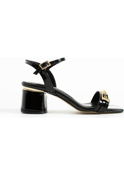 Siyah Rugan Gold Detaylı Bilekten Bantlı Blok Topuk Sandalet indirimleri