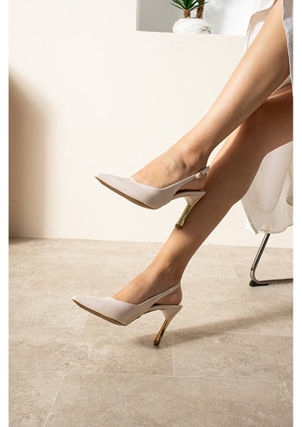 Krem Rugan Altın Topuklu Stiletto – Şık Abiye Kadın Ayakkabı fırsatları