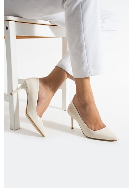 Krem Parlak Vegan Deri Topuklu Ayakkabı |7cm Ince Topuk | Şık Stiletto|trend Kadın Ofis Abiye fırsatları