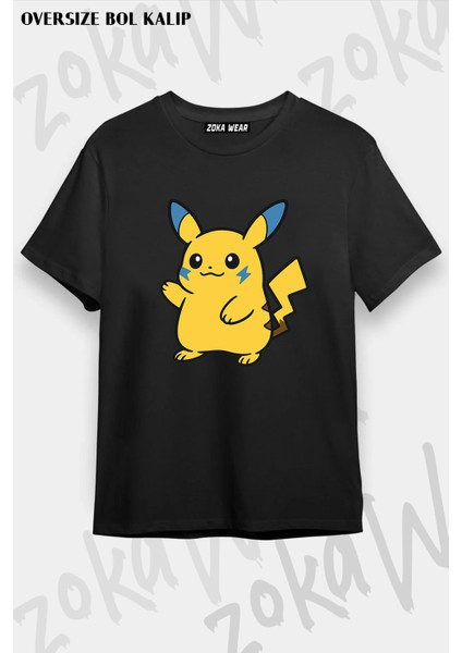 Oversize Pokemon Pikachu Özel Baskılı Battal (Bol) Kalıp Siyah Tişört