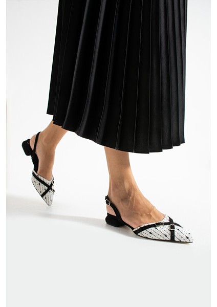 Şıklığın Simgesi Kadın Siyah Beyaz Desenli Sivri Burunlu Topuklu Babet Ayakkabı fiyatları
