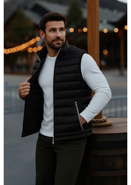 Erkek Astarlı Kışlık Cepli Fermuarlı Siyah Şişme Yelek