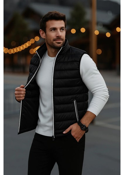 Erkek Astarlı Kışlık Cepli Fermuarlı Siyah Şişme Yelek fiyatları