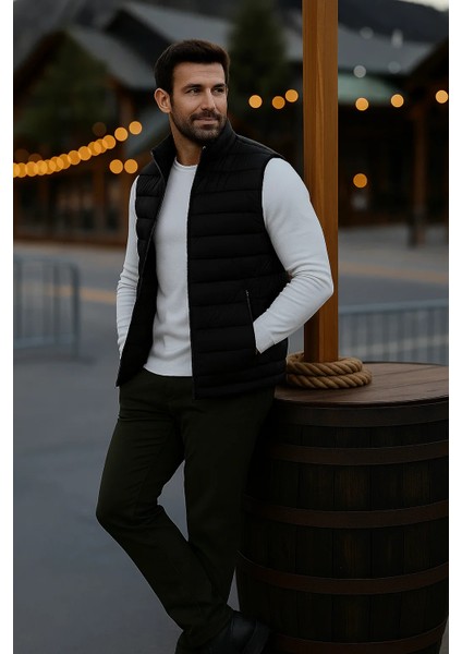 Erkek Astarlı Kışlık Cepli Fermuarlı Siyah Şişme Yelek modelleri