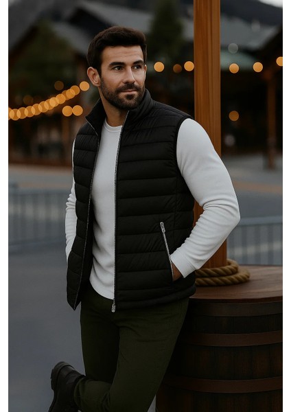 Erkek Astarlı Kışlık Cepli Fermuarlı Siyah Şişme Yelek fırsatları