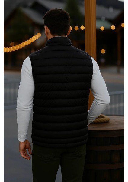 Erkek Astarlı Kışlık Cepli Fermuarlı Siyah Şişme Yelek indirimleri