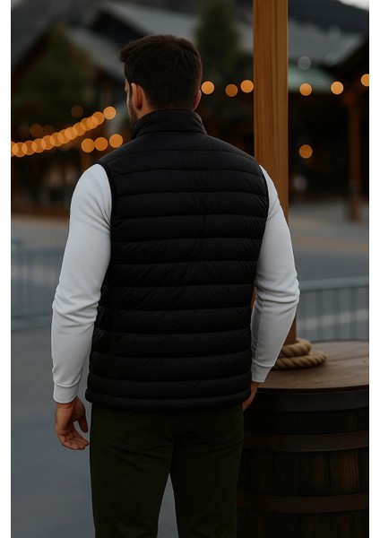 Erkek Astarlı Kışlık Cepli Fermuarlı Siyah Şişme Yelek