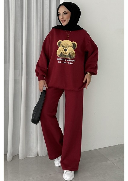 Ayıcık Desen Üç Iplik Ikili Takım 1655 - Bordo