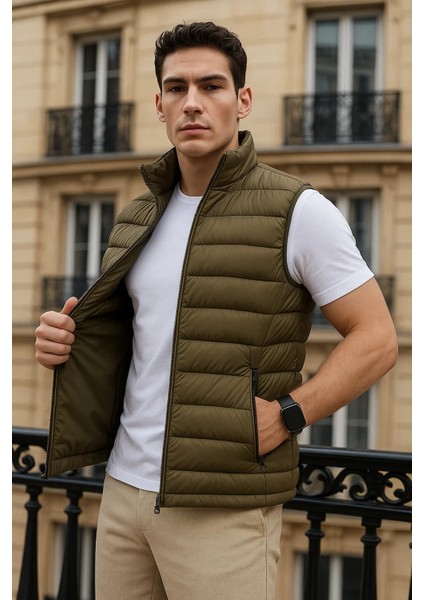 Erkek Kışlık Cepli Trend Fermuarlı Haki Şişme Yelek
