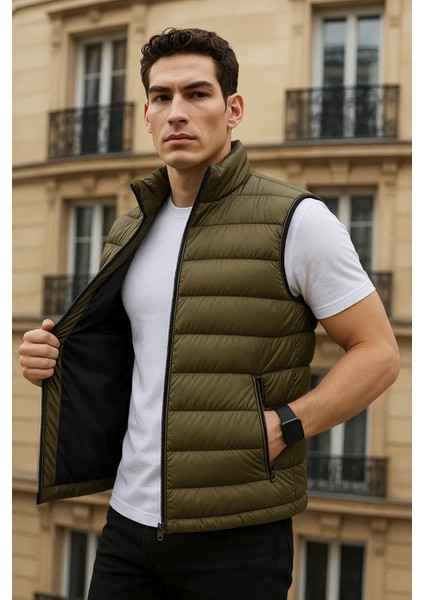 Erkek Kışlık Cepli Trend Fermuarlı Haki Şişme Yelek modelleri