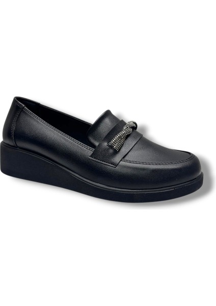 1441-26 Anatomik Cilt Deri Kısa Dolgu Topuklu Burgu Taşlı Kadın Ayakkabı