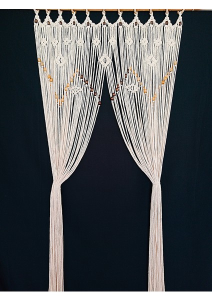 El Yapımı Boncuklu Pamuk Makrome Perde - Doğal Ahşap Boncuklu Dekor
