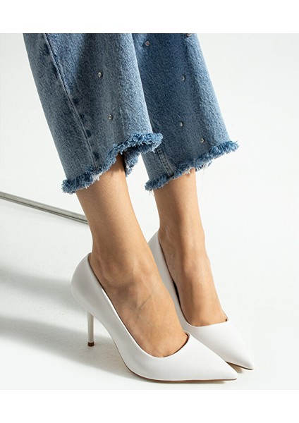 Beyaz Mat Stiletto Ayakkabı - Sivri Burun Şık Rahat Kadın Abiye Topuklu Ayakkabı fiyatları