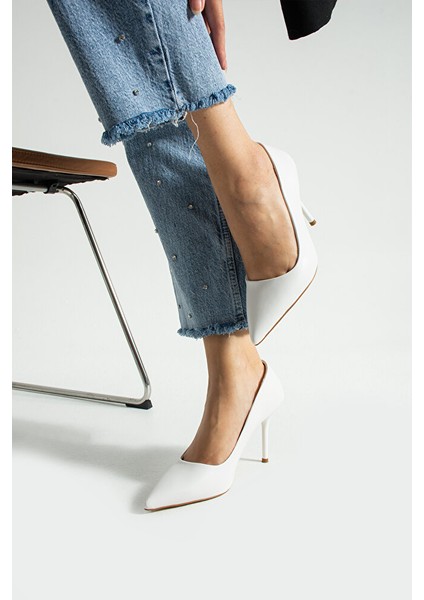 Beyaz Mat Stiletto Ayakkabı - Sivri Burun Şık Rahat Kadın Abiye Topuklu Ayakkabı fırsatları