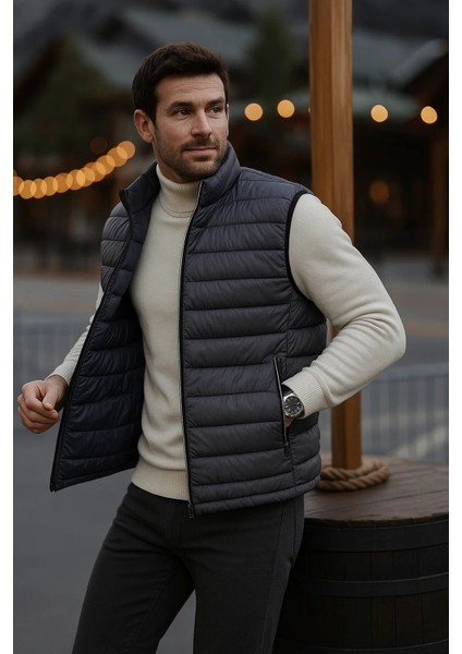 Erkek Astarlı Kışlık Cepli Fermuarlı Füme Şişme Yelek