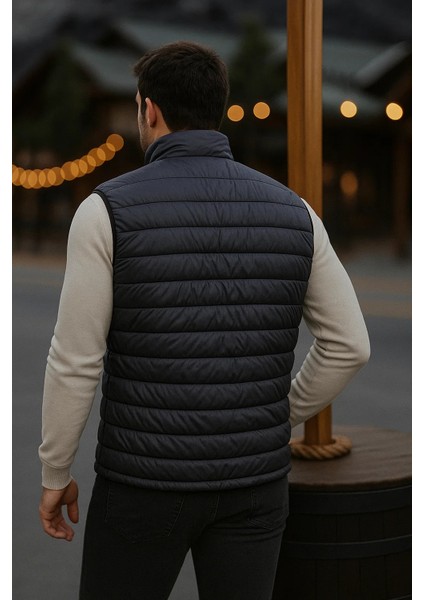 Erkek Astarlı Kışlık Cepli Fermuarlı Füme Şişme Yelek