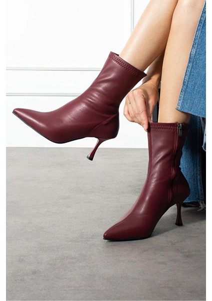 Bordo Streç Bot Kadın Ince Topuk Fermuarlı Rahat Günlük Şık Kombinler Için Vegan Topuklu Bot