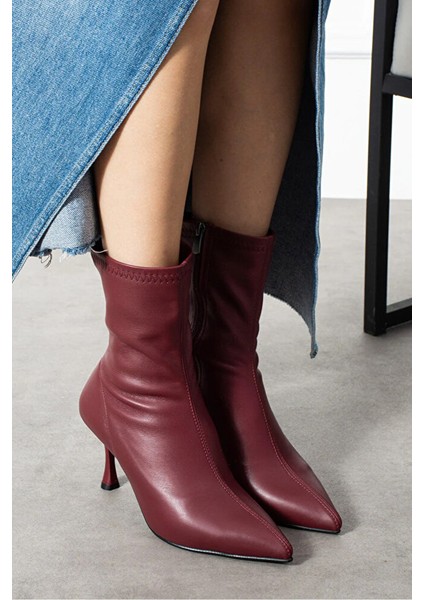 Bordo Streç Bot Kadın Ince Topuk Fermuarlı Rahat Günlük Şık Kombinler Için Vegan Topuklu Bot modelleri