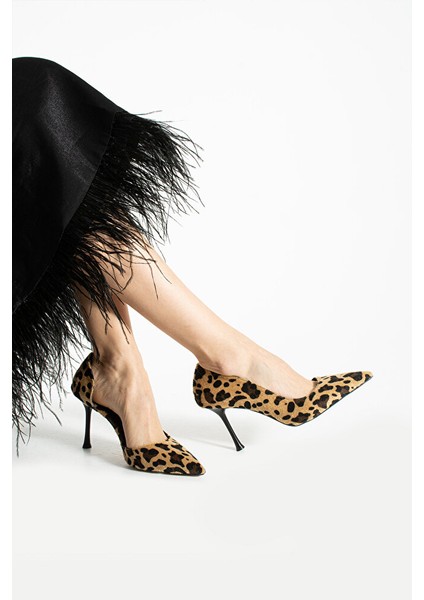 Tay Tüyü Leopar Desen Sivri Burun Ince Topuklu Şık Stiletto - Kadın Topuklu Ayakkabı