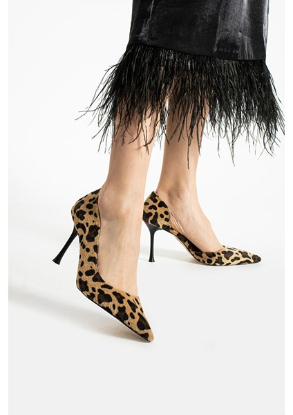 Tay Tüyü Leopar Desen Sivri Burun Ince Topuklu Şık Stiletto - Kadın Topuklu Ayakkabı fiyatları