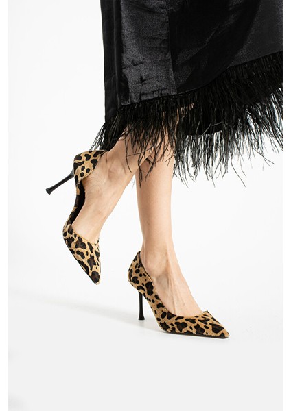 Tay Tüyü Leopar Desen Sivri Burun Ince Topuklu Şık Stiletto - Kadın Topuklu Ayakkabı modelleri