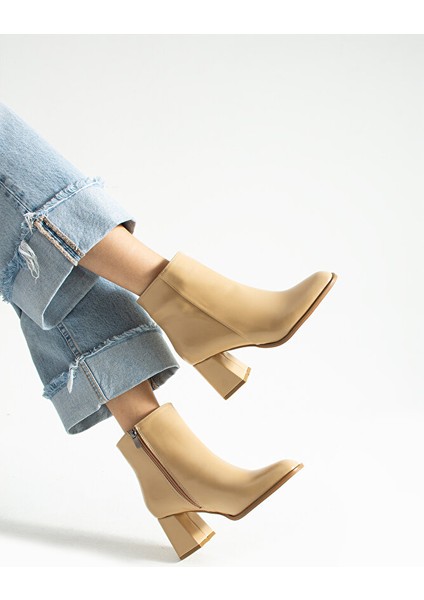 Bej Suni Deri Kısa Bilekli Topuklu Bot – Kalın Topuklu Fermuarlı Şık Günlük Kadın Ayakkabı fiyatları
