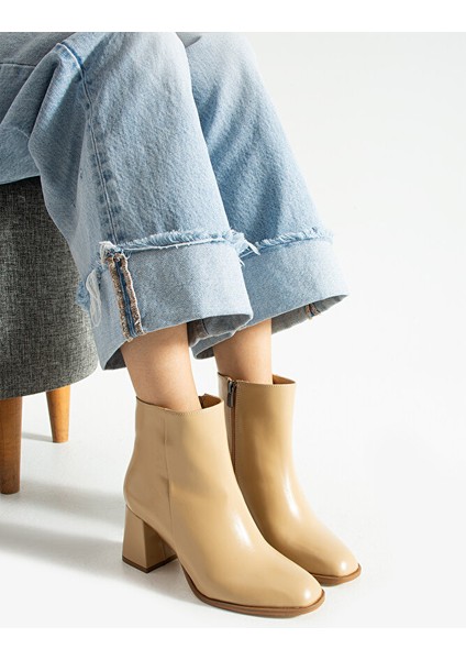 Bej Suni Deri Kısa Bilekli Topuklu Bot – Kalın Topuklu Fermuarlı Şık Günlük Kadın Ayakkabı indirimleri