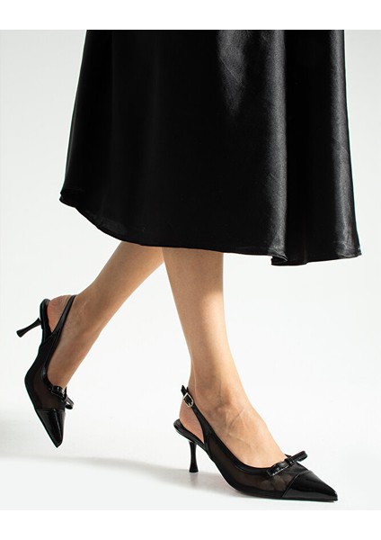 Siyah Rugan Şeffaf Detaylı Fiyonklu Stiletto – 7 cm Ince Topuklu Zarif Abiye ve Günlük Ayakkabı modelleri