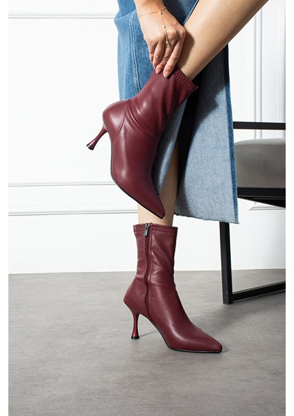 Bordo Streç Bot Kadın Ince Topuk Fermuarlı Rahat Günlük Şık Kombinler Için Vegan Topuklu Bot fiyatları