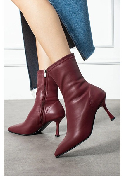 Bordo Streç Bot Kadın Ince Topuk Fermuarlı Rahat Günlük Şık Kombinler Için Vegan Topuklu Bot fırsatları