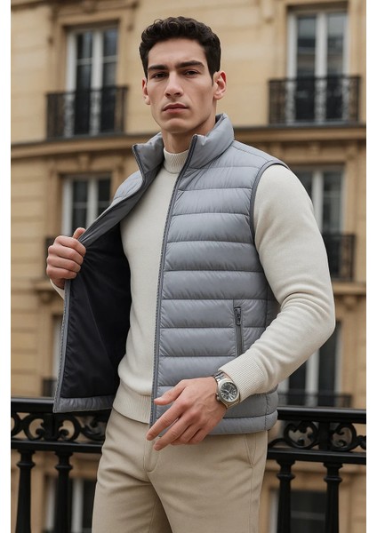 Erkek Kışlık Cepli Trend Fermuarlı Gri Şişme Yelek